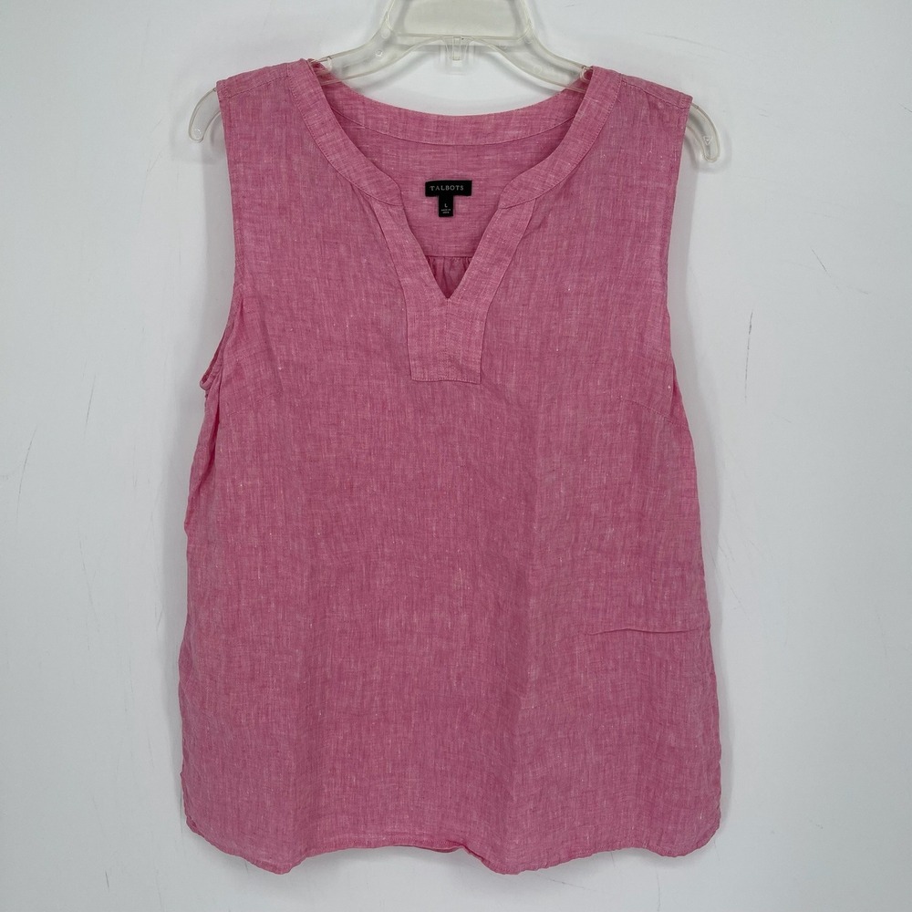 Talbots Women's Pink Linen Sleeveless Notch Neck Lagenlook Shell Tank Top Size L